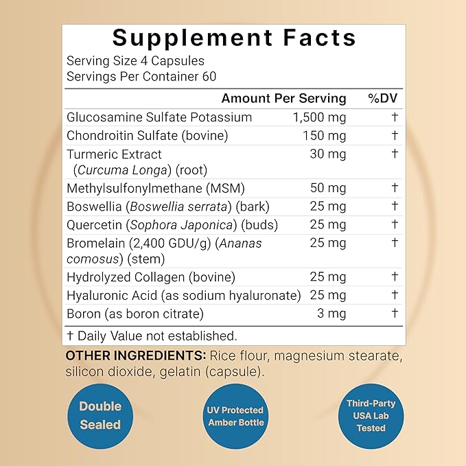 10-in-1 Glucosamine Chondroitin MSM Joint Support – Collagen, Turmeric, Boswellia, Hyaluronic Acid & More – Non-GMO – 240 Capsules