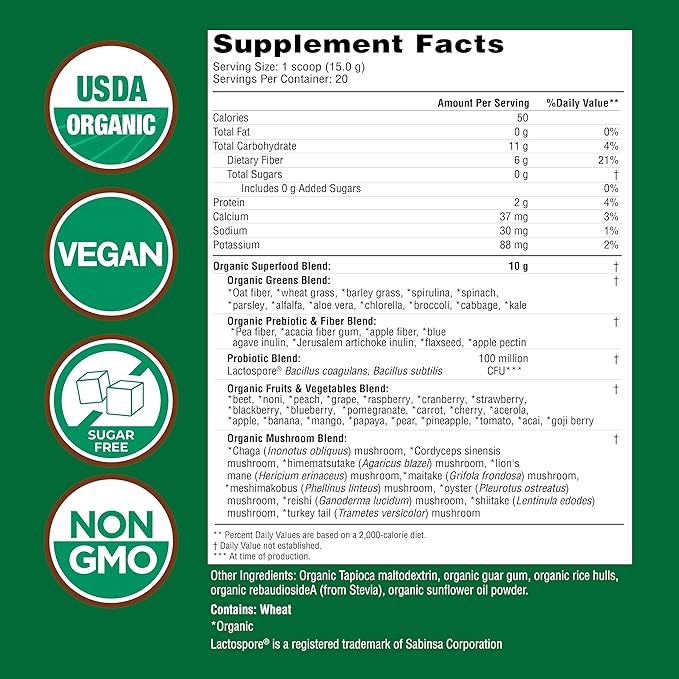 Country Farms Organic Super Greens – 50 Superfoods with Fiber, Mushrooms, Probiotics & Antioxidants – USDA Organic Greens Powder – Natural Flavor Drink Mix