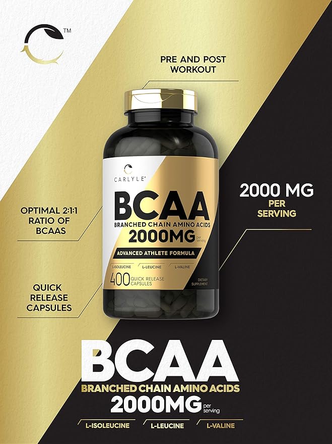 Carlyle BCAA Capsules – 2000mg, 400 Powder Pills, Amino Acids Blend with L-Isoleucine, L-Leucine & L-Valine, Non-GMO, Gluten-Free