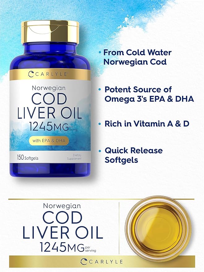 Carlyle Norwegian Cod Liver Oil 1245mg with EPA & DHA – Omega-3 Supplement – Heart, Brain, Joint & Immune Support – Non-GMO, Gluten-Free – 150 Liquid Softgels