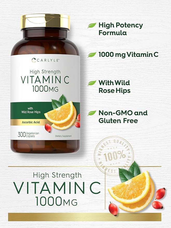 Carlyle Vitamin C 1000mg – High Strength, Immune & Antioxidant Support – Rose Hips – 300 Vegetarian Caplets – Non-GMO, Gluten Free