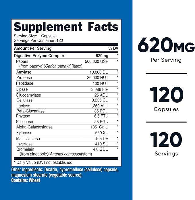 Nutricost Digestive Enzymes 620mg – Complete Digestive Support for Nutrient Absorption & Gut Health – Non-GMO, Gluten-Free – 120 Capsules