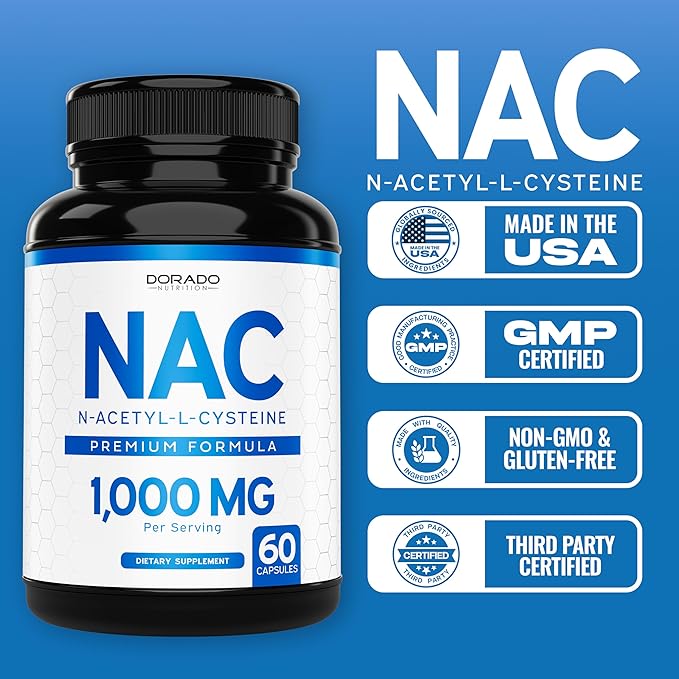 NAC Supplement 1000mg per Serving – N-Acetyl Cysteine for Immune & Antioxidant Support – Vegan, Non-GMO, USA Made – 60 Capsules