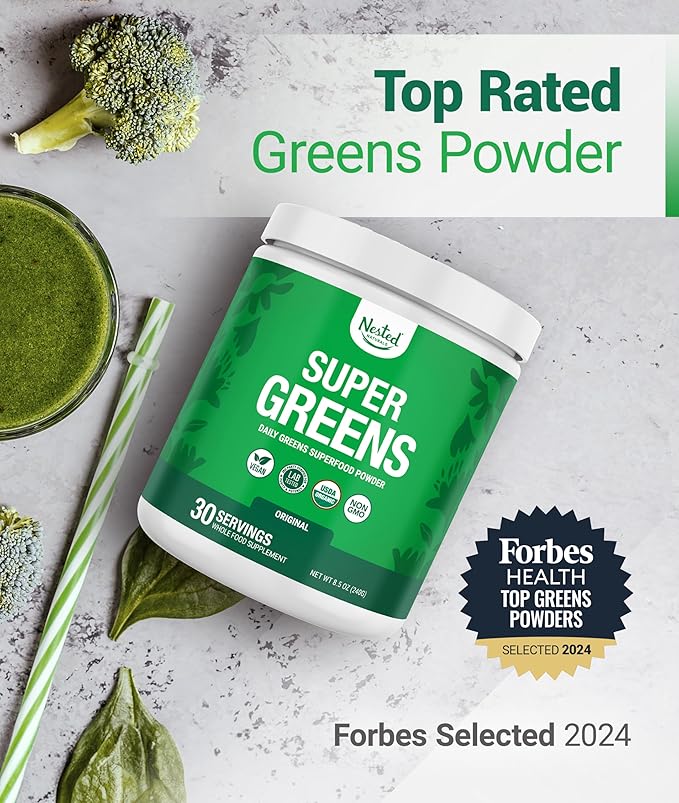 Nested Naturals Super Greens Powder – USDA Organic Superfood Blend with Spirulina, Wheatgrass, Barley Grass, Probiotics & Fiber – Detox & Energy – 30 Servings