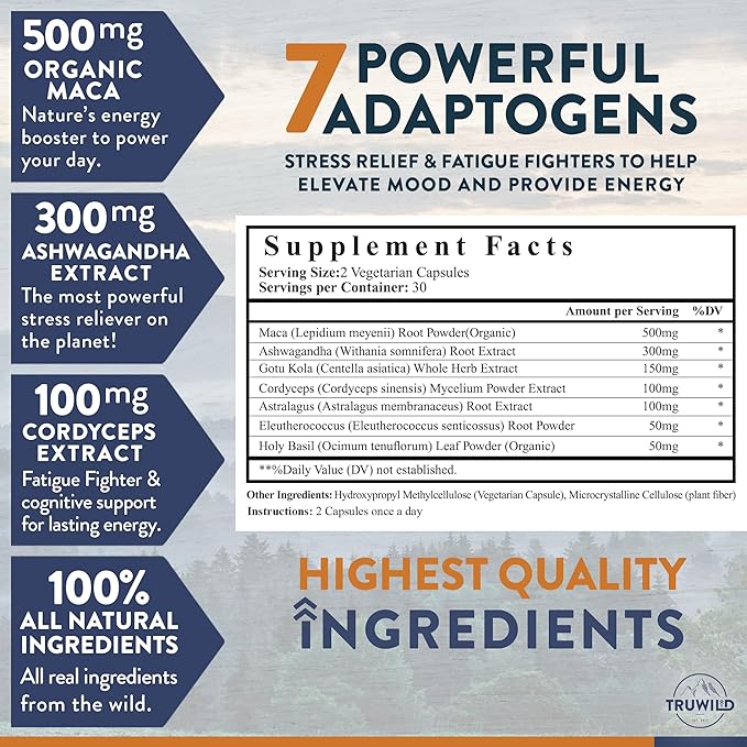TruWild Adaptogen Blend – Cordyceps, Maca & Ashwagandha – Daily Energy, Immune & Stress Support – All-Natural, Vegan, Non-GMO – 60 Capsules