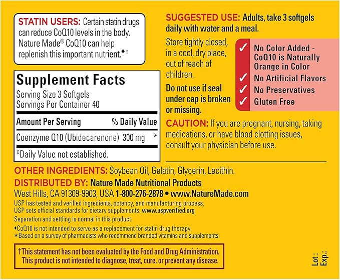 Nature Made CoQ10 300mg per 3 Softgels – Heart, Energy & Healthy Aging Support – USP Verified, Gluten-Free – 120 Softgels (40 Day Supply)