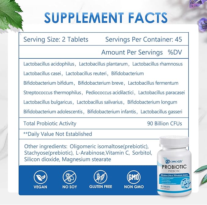 Probiotics 90 Billion CFUs with 18 Strains, 3 Organic Prebiotics & Vitamin C – Digestive, Immune & Metabolic Support – Non-GMO, Gluten-Free – 90 Tablets