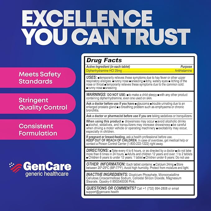 GenCare Allergy Relief Tablets 25 mg Diphenhydramine HCl – 600 Count Value Pack for Sneezing, Itchy Eyes, Runny Nose, and Indoor or Outdoor Allergies