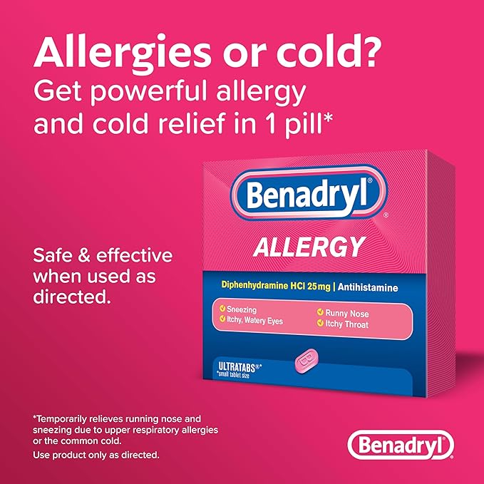 Benadryl Allergy ULTRATAB Go Packs – 120 Tablets (60x2 Count) – Fast-Acting Antihistamine for Sneezing, Runny Nose, Itchy Eyes & Throat – Travel-Size Allergy Relief for Adults & Kids