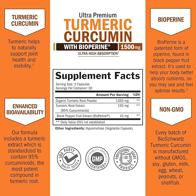 Turmeric Curcumin 1500mg with BioPerine® – 95% Curcuminoids, Organic Turmeric & Black Pepper – High Absorption Joint, Immune & Antioxidant Support – Vegan, Non-GMO – 90 Capsules