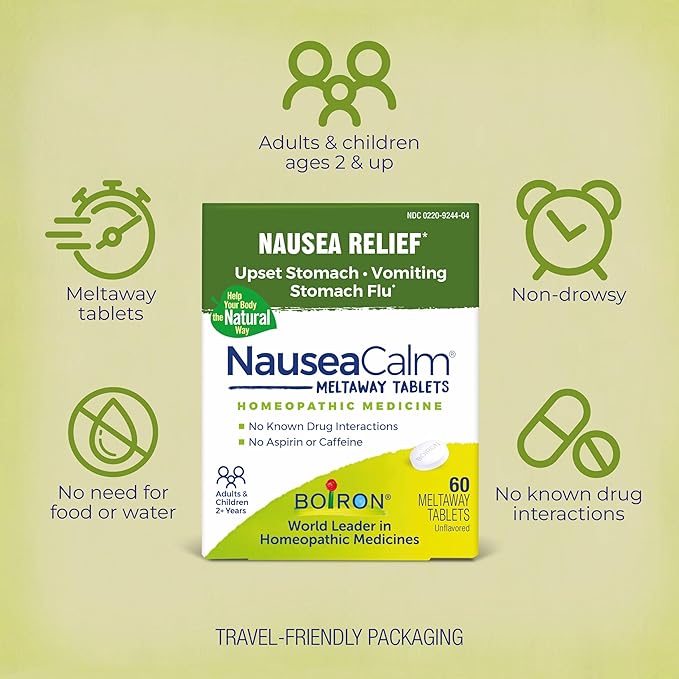 Boiron NauseaCalm Tablets for Nausea and Upset Stomach Relief Non Drowsy Meltaway Formula 60 Count