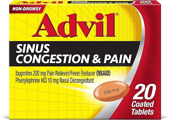 Advil Sinus Congestion & Pain Relief – 20 Tablets – Ibuprofen & Phenylephrine for Sinus Pressure, Aches & Fever