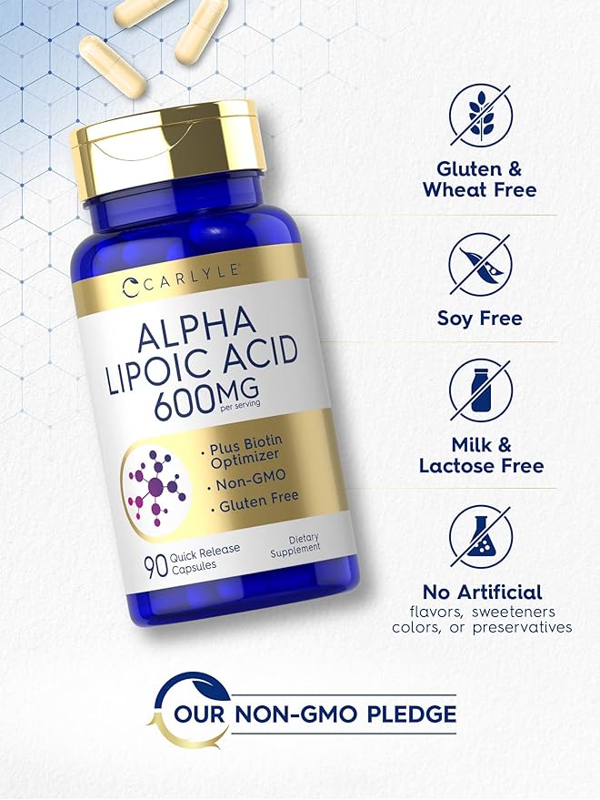 Carlyle Alpha Lipoic Acid 600mg with Biotin – Antioxidant for Energy, Nerve & Metabolic Health – Non-GMO, Gluten-Free – 90 Capsules