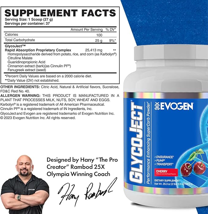 Evogen GlycoJect Super Carb Powder – Rapid Absorption, Cherry Flavor, 37 Servings, Pre & Post Workout