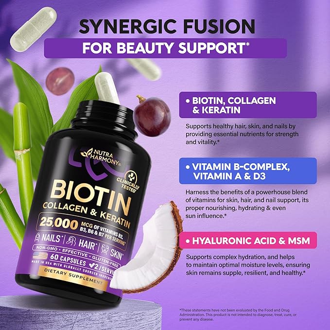 Nutraharmony Biotin, Collagen & Keratin – Hair Growth, Skin & Nails Supplement – 25,000 mcg with Hyaluronic Acid & B-Complex – Non-GMO, Made in USA – 60 Capsules