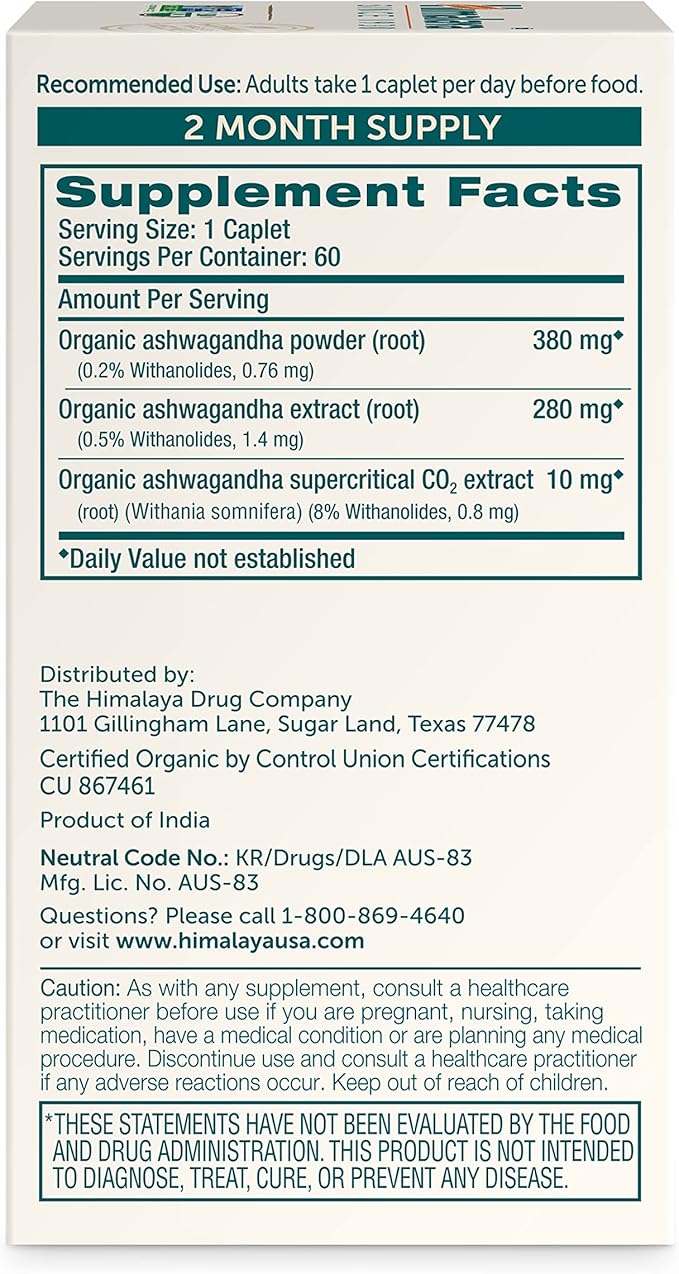 Himalaya Organic Ashwagandha 670mg – Stress Relief, Energy & Mood Support – USDA Organic, Vegan, Non-GMO – 60 Caplets (60-Day Supply)