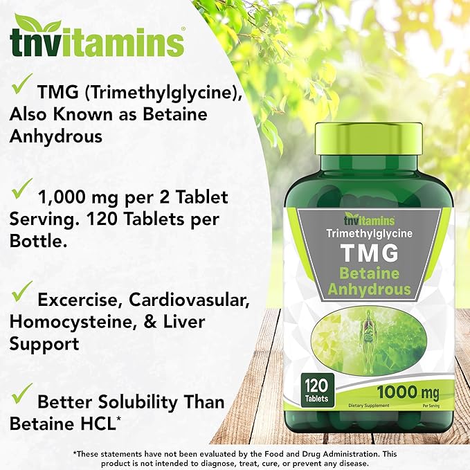 TMG Supplement 1000mg (Betaine Anhydrous) – 120 Tablets, Non-GMO, Made in USA, Homocysteine Support