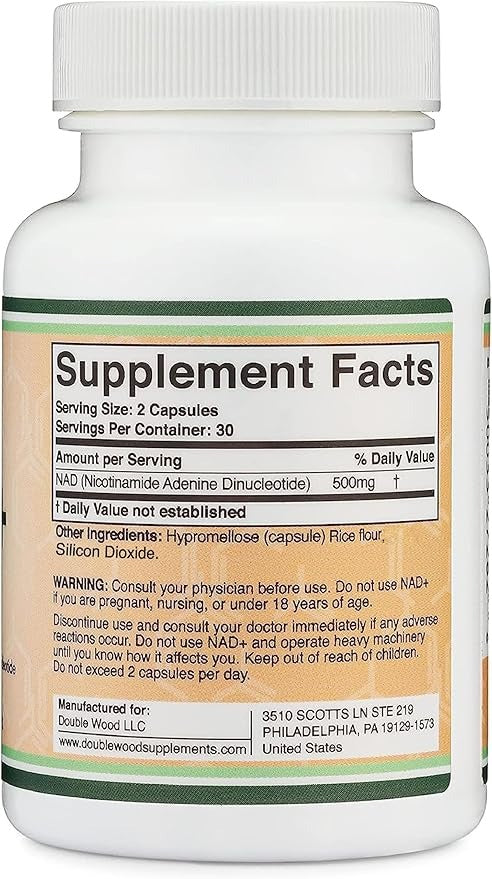 NAD Supplement (500mg of 95% Pure NAD+ Per Serving, 30 Day Supply) NAD Booster Similar to Nicotinamide Riboside (Third Party Tested, Vegan Safe, Non-GMO) by Double Wood