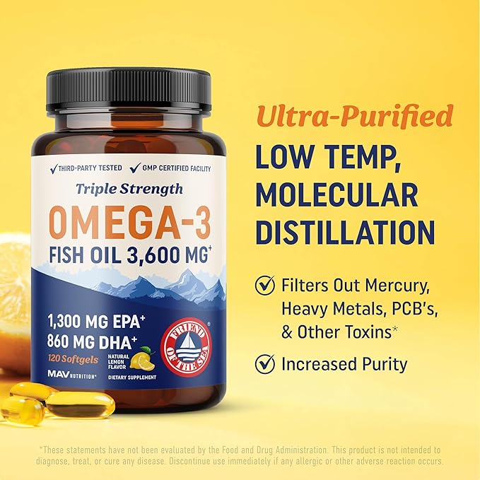 Triple Strength Omega-3 Fish Oil 3600mg – High EPA 1300mg & DHA 860mg – Wild-Caught, Burpless, Ultra-Refined – Non-GMO, Gluten-Free – 120 Softgels