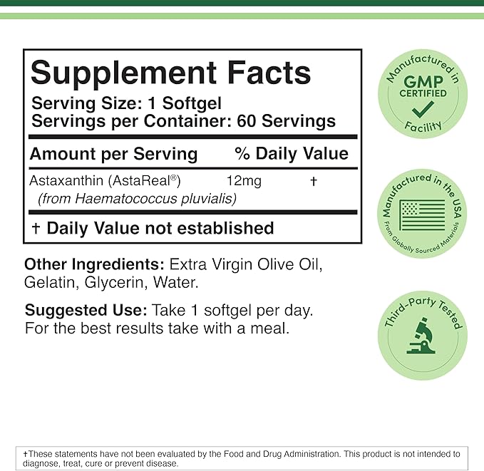 Astaxanthin 12mg Max Strength – AstaReal® Patented Antioxidant – Skin, Eye, Heart & Immune Support – Made in USA, Non-GMO, Gluten-Free – 60 Softgels