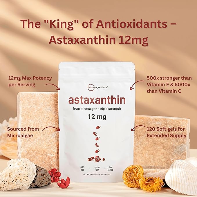 Astaxanthin 12mg – Premium Antioxidant from Microalgae – Eye, Skin, Joint & Circulation Health – Non-GMO, Gluten-Free – 120 Softgels (4-Month Supply)