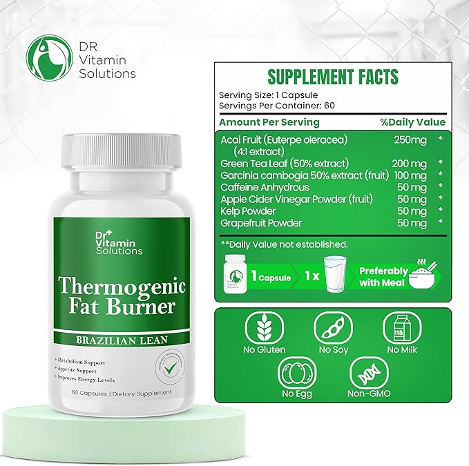 Thermogenic Fat Burner – Brazilian Lean by Dr. Vitamin | Waist Trimmer, Bloating Support, Appetite Suppressant & Energy Booster – Weight Loss Supplement for Women & Men – 60 Capsules