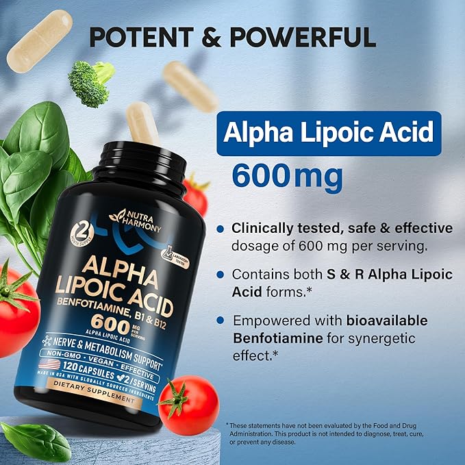 Nutraharmony Alpha Lipoic Acid 600mg with Benfotiamine, Vitamin B1 & B12 – Nerve, Energy & Metabolism Support – Antioxidant, Non-GMO, Vegan – 120 Capsules