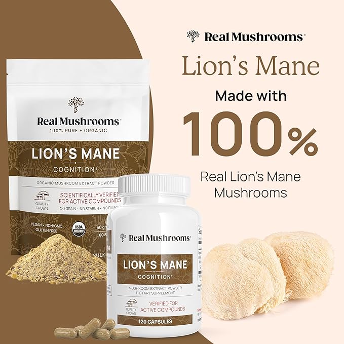Real Mushrooms Lion’s Mane – Brain, Memory & Immune Support – Verified Beta Glucans – 120 Vegan Capsules