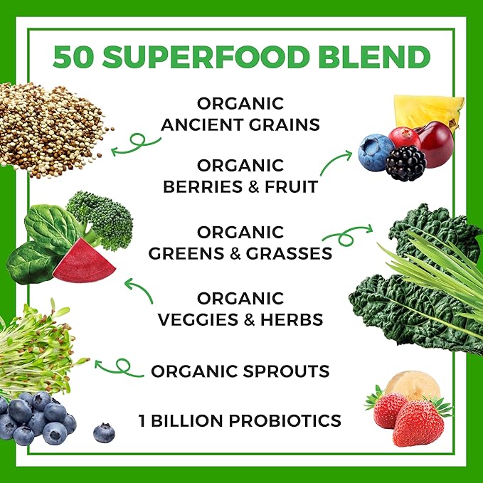 Orgain Organic Greens Powder – 50 Superfoods + Probiotics – Plant-Based, Vegan, Non-GMO Green Juice Mix – 0.62 lb