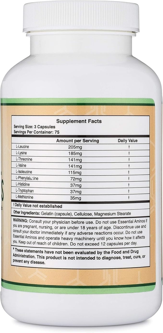 Double Wood Essential Amino Acids & BCAAs – 1 Gram Per Serving, 225 Capsules, Gluten-Free
