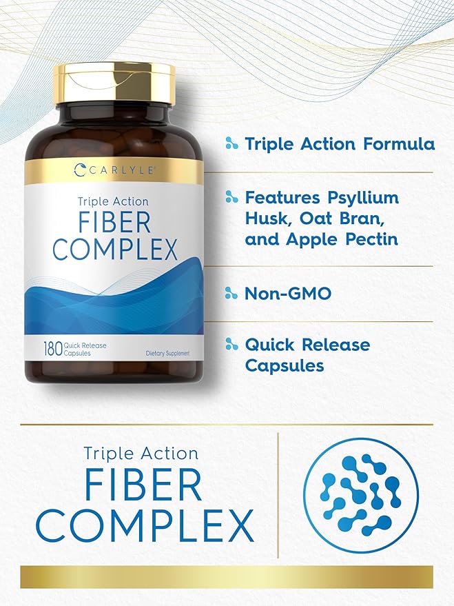Carlyle Fiber Complex – Triple Action with Psyllium Husk, Oat Bran & Apple Pectin – Digestive Support, Regularity & Gut Health – Non-GMO, Gluten-Free – 180 Capsules