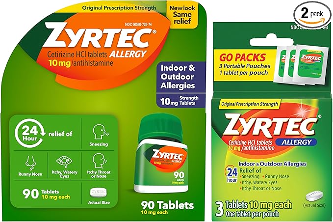 Zyrtec 24 Hour Allergy Relief Tablets – 93 Count Bundle (90 ct Bottle + 3 Travel Packs) – 10 mg Cetirizine HCl for Indoor & Outdoor Allergies
