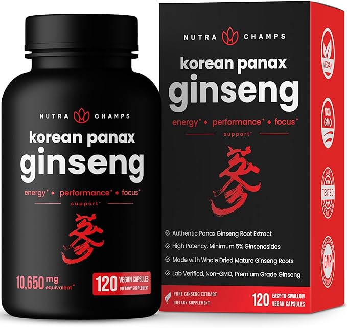 NutraChamps Korean Red Panax Ginseng Capsules – Extra Strength – Energy, Focus, Vitality & Immune Support – Non-GMO, Gluten-Free, Vegan – 120 Capsules