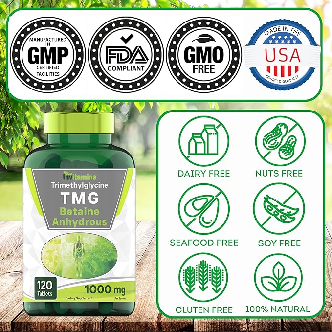 TMG Supplement 1000mg (Betaine Anhydrous) – 120 Tablets, Non-GMO, Made in USA, Homocysteine Support