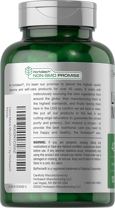 Horbäach Lion’s Mane Mushroom Extract 4200mg – Brain, Memory & Immune Support – 120 Vegetarian Capsules