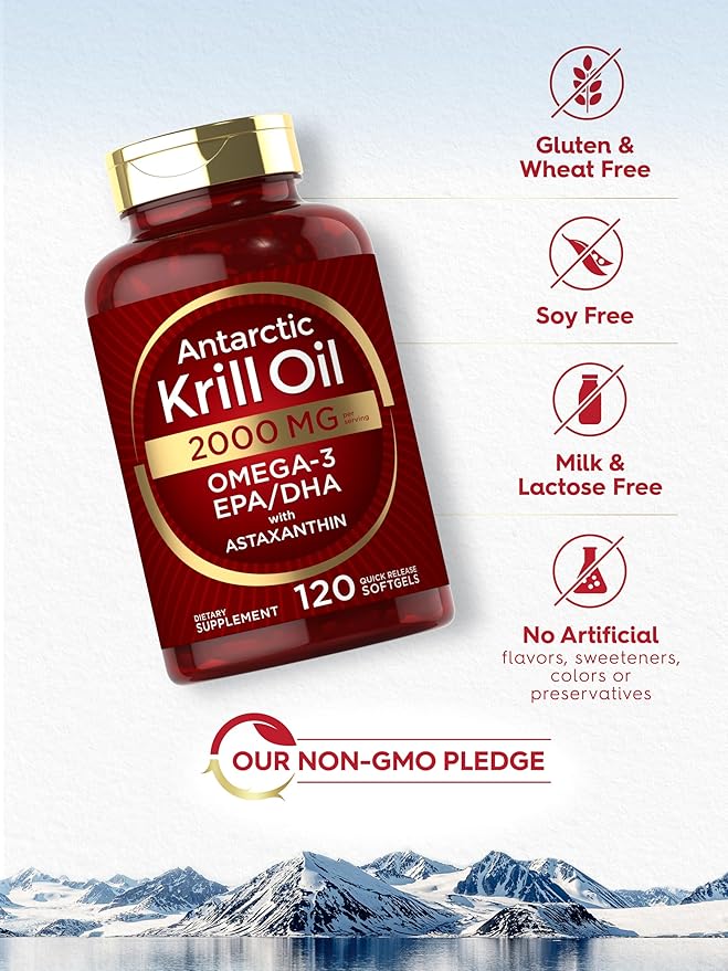Carlyle Antarctic Krill Oil 2000mg – Omega-3 EPA, DHA & Astaxanthin – Heart, Joint & Brain Support – Non-GMO, Gluten-Free – 120 Softgels