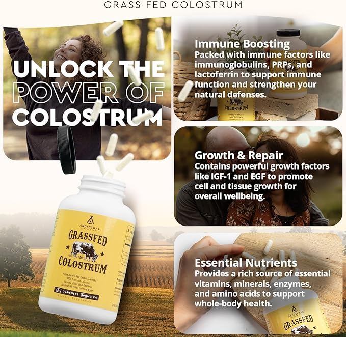Ancestral Supplements Grass-Fed Beef Colostrum – 3000mg First-Milking Immune & Gut Support – Non-GMO, Hormone-Free – 180 Capsules