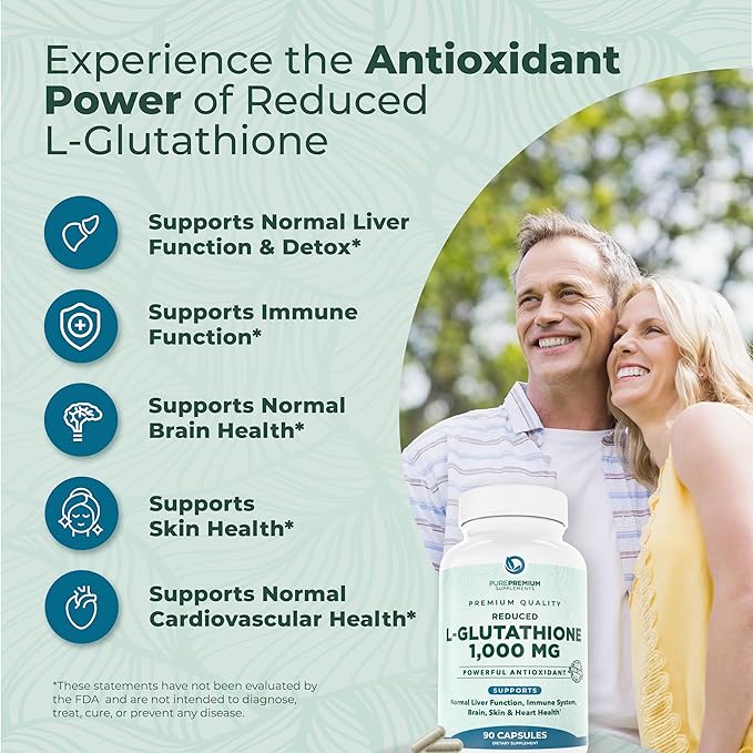 PurePremium Reduced Glutathione 1000mg – Antioxidant for Liver, Brain, Skin & Heart Health – Non-GMO, Gluten-Free – 90 Capsules