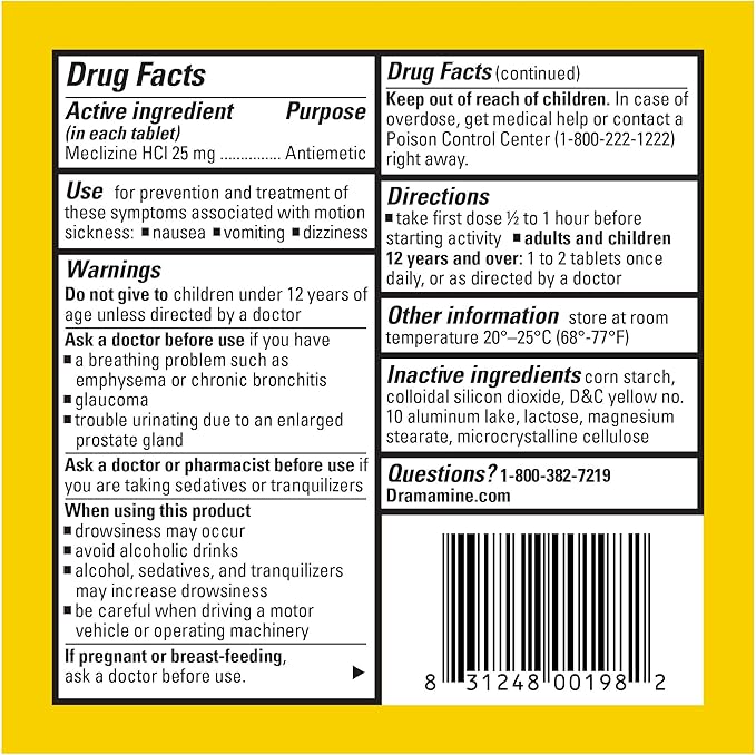 Dramamine All Day Less Drowsy – Motion Sickness Relief Tablets, 8 Count