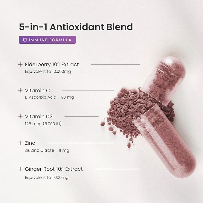 NutraChamps Elderberry Capsules – 10,000mg Sambucus Extract with Vitamin C, Zinc, D3 & Ginger – 5-in-1 Immune Support – Vegan, Non-GMO, Gluten-Free – 60 Capsules