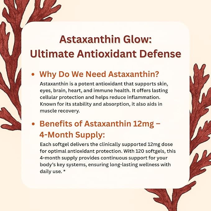 Astaxanthin 12mg – Premium Antioxidant from Microalgae – Eye, Skin, Joint & Circulation Health – Non-GMO, Gluten-Free – 120 Softgels (4-Month Supply)
