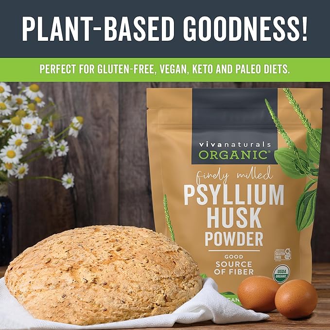 Viva Naturals Organic Psyllium Husk Powder – Finely Ground Plant-Based Fiber for Smoothies, Baking & Gut Health – Unflavored, Non-GMO, Gluten-Free, Vegan – 24 oz