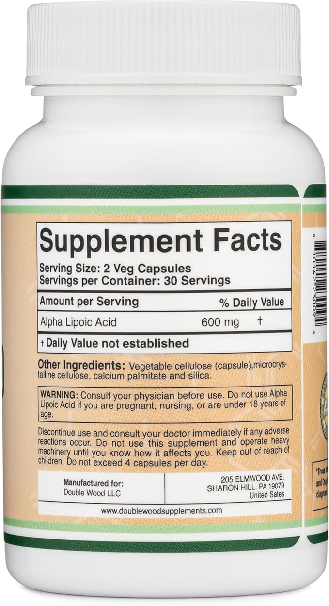 Double Wood Alpha Lipoic Acid 600mg – Antioxidant for Nerve & Cardiovascular Health – Vegan, Non-GMO, Gluten-Free – 60 Capsules