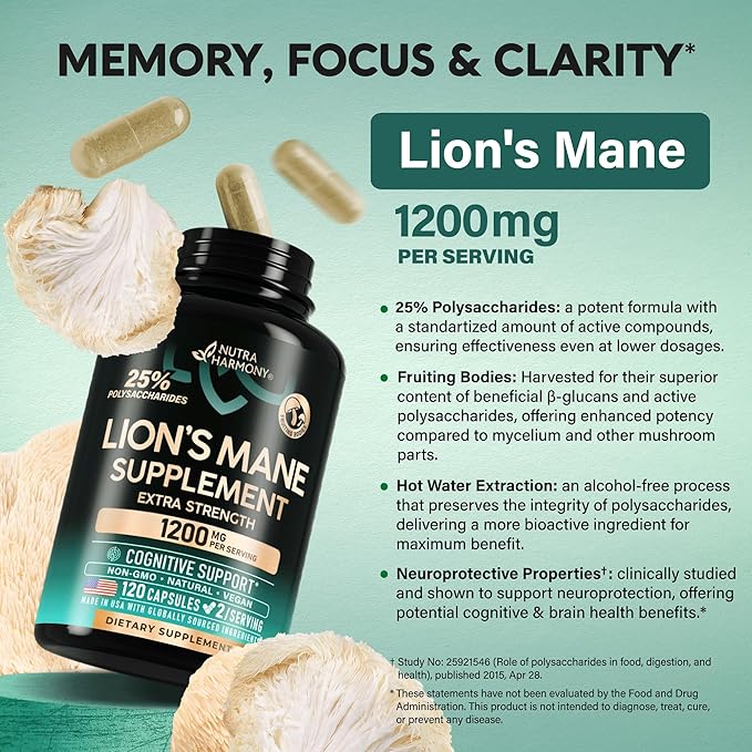 Organic Lion’s Mane Mushroom 1200mg – Fruiting Body, 25% Polysaccharides – Brain, Memory & Focus – 120 Capsules – Made in USA