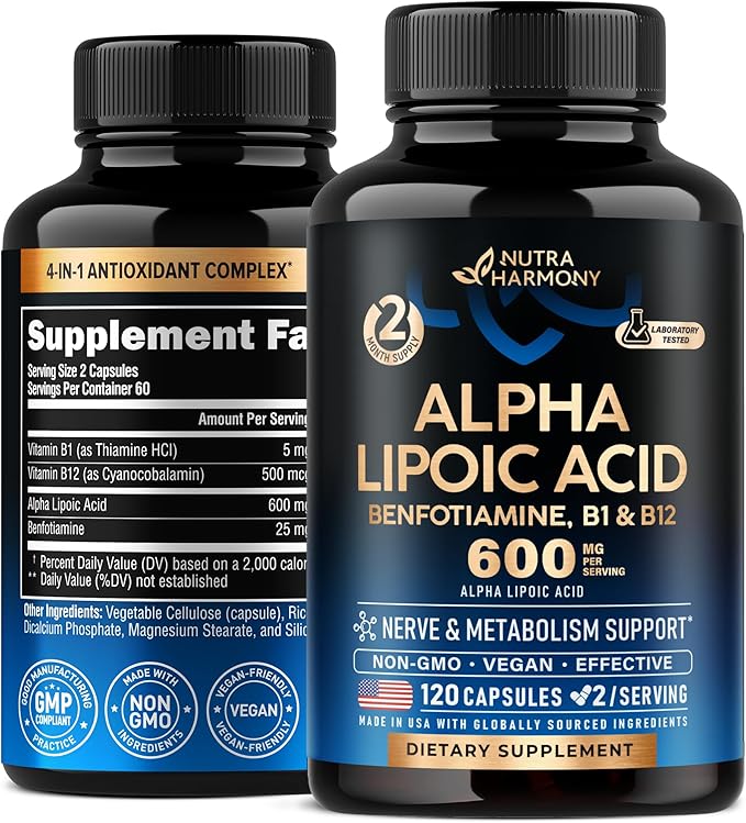 Nutraharmony Alpha Lipoic Acid 600mg with Benfotiamine, Vitamin B1 & B12 – Nerve, Energy & Metabolism Support – Antioxidant, Non-GMO, Vegan – 120 Capsules