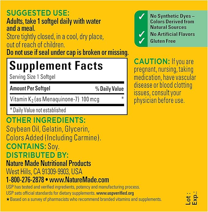 Nature Made Vitamin K2 100mcg (MK-7) – Bone & Calcium Support – 30 Softgels – Non-GMO, Gluten Free