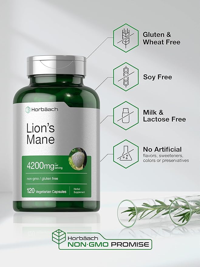 Horbäach Lion’s Mane Mushroom Extract 4200mg – Brain, Memory & Immune Support – 120 Vegetarian Capsules