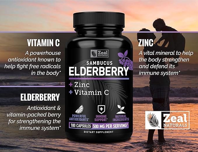 Zeal Naturals Elderberry Capsules with Vitamin C & Zinc – 500mg Sambucus Extract – Max Strength 3-in-1 Immune Support – Non-GMO, Gluten-Free – 100 Capsules
