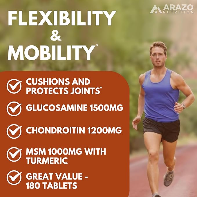 Arazo Nutrition Glucosamine Chondroitin with Turmeric, MSM, Boswellia & Hyaluronic Acid – Extra Strength Joint Support – Non-GMO, Gluten-Free – 180 Tablets