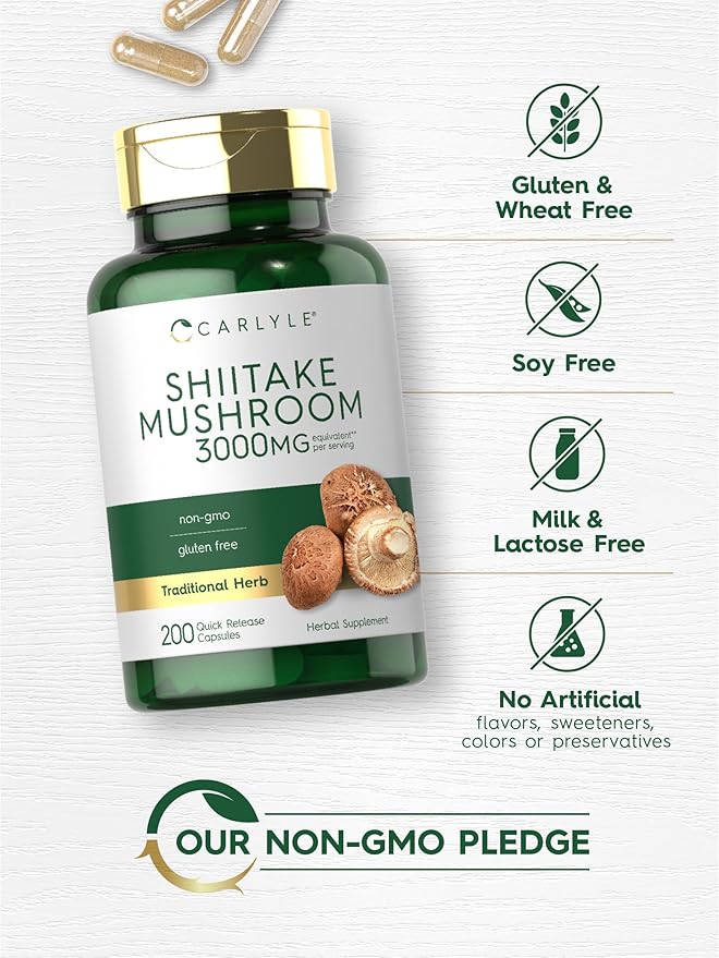 Carlyle Shiitake Mushroom Extract 3000mg – Immune & Antioxidant Support – 200 Capsules – Non-GMO, Gluten Free